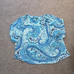 Talbots Top Women Size 2X Petite Blue Paisley Sheer 3/4 Sleeve Round Neck Casual